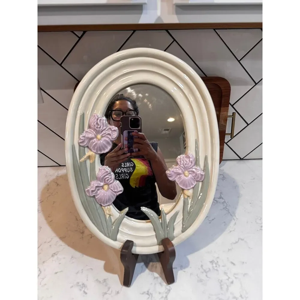 Rare ceramic wall mirror glossy cream finish 3D pink iris flowers green leaves